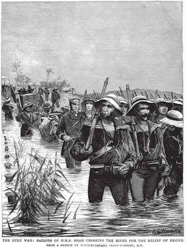 The Zulu War, sailors of HMS Shah crossing the river for the relief of Ekowe - ILN 1879.jpg
